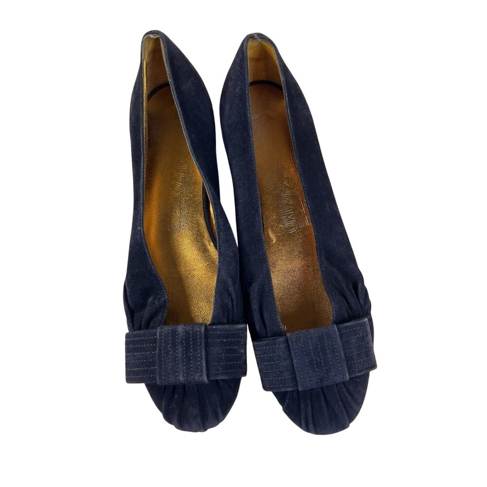 SALVATORE FERRAGAMO Suede Ballerina Flats Shoes 6.5 Navy Blue‎ Bow Round Toe